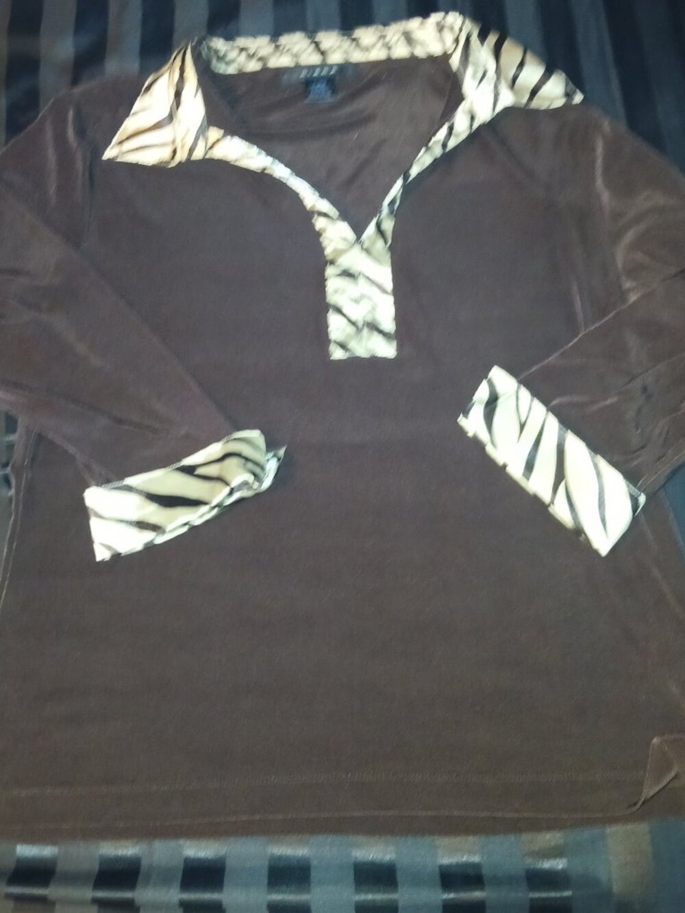 Women's Kiara Brown Blouse Zebra Trim Long Sleeve - Size XL